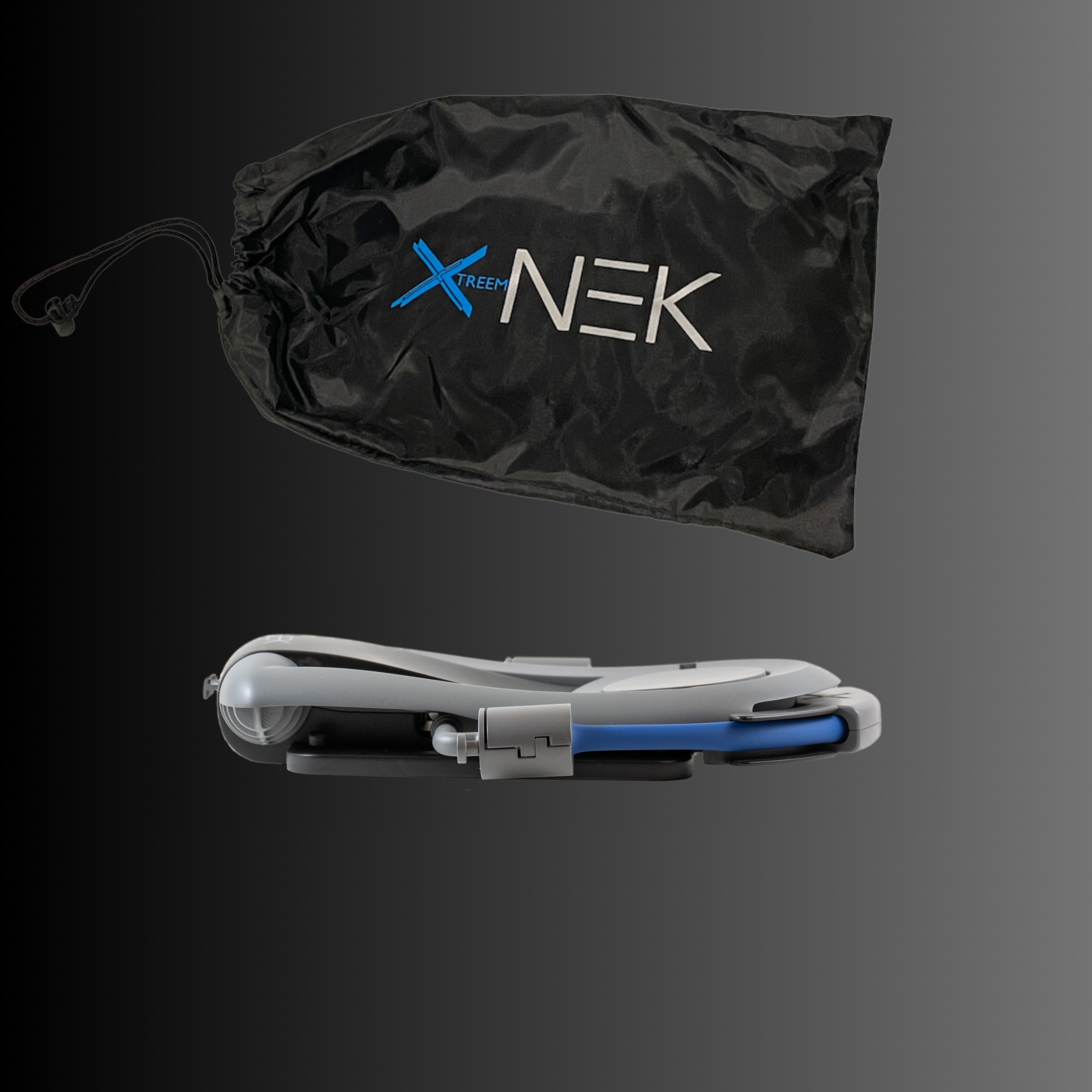 XtreemNek neck strengthening device with a foldable mechanism and branded carrying bag, designed for portability and ease of use.