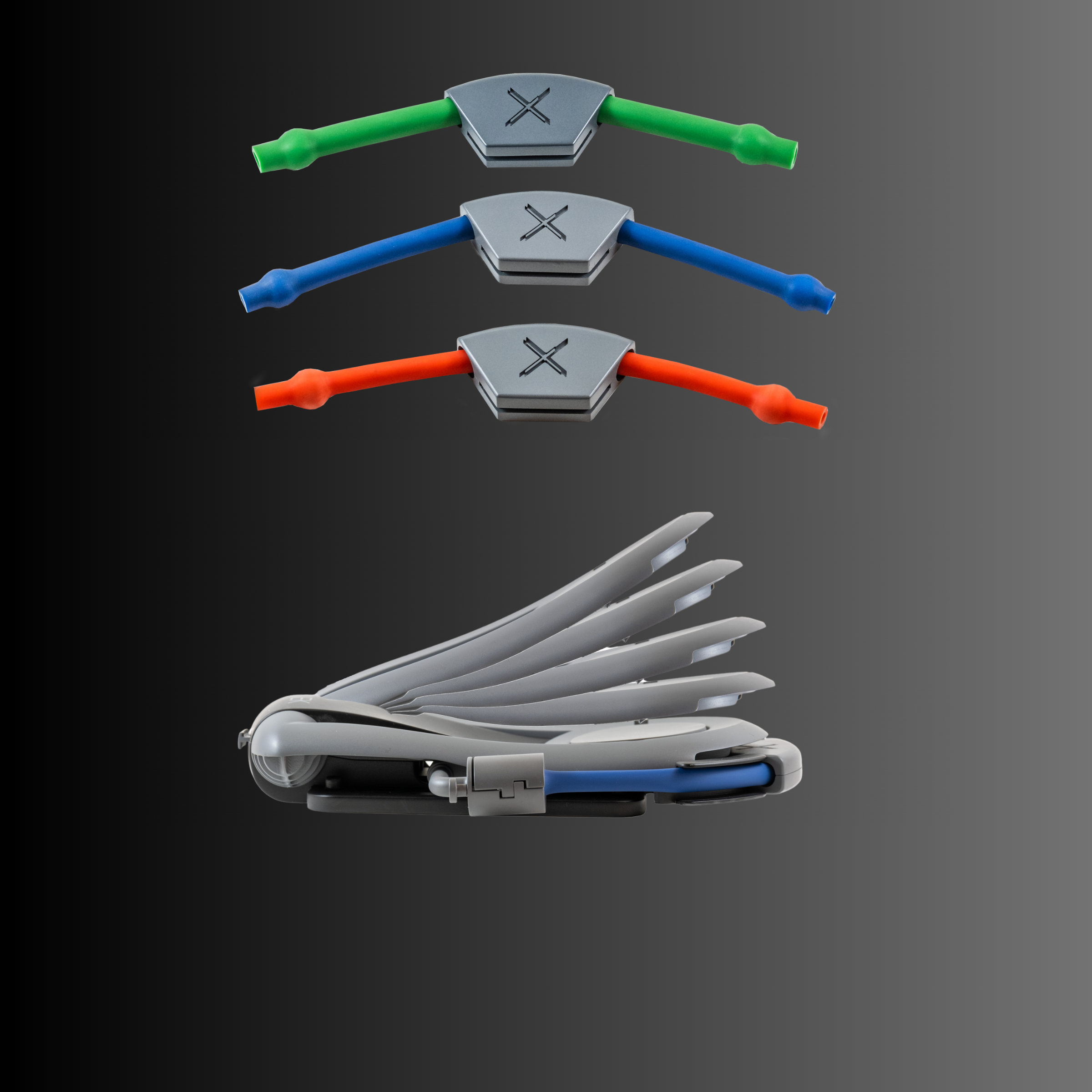 XtreemNek neck strengthening device with adjustable resistance bands in green, blue, and red, showcasing the device's foldable mechanism for ease of use.