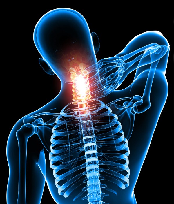 3D illustration of a human body highlighting the spine and neck with red pain points, focusing on spinal health and neck strain relief.