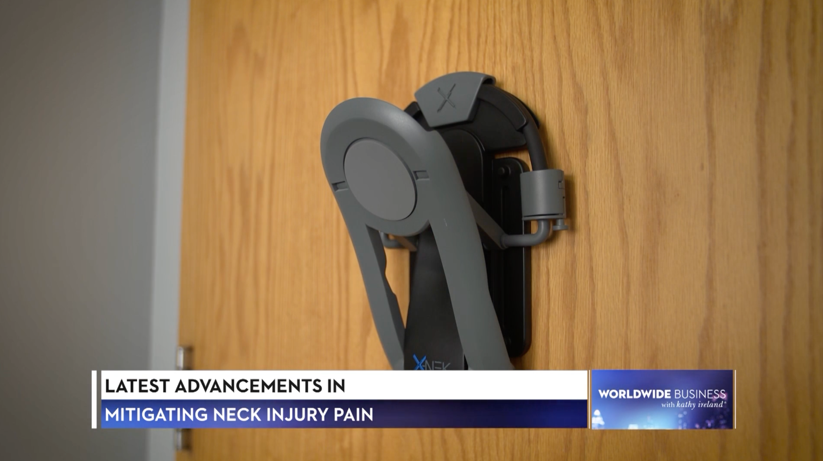 XtreemNek neck strengthening device featured in Worldwide Business with Kathy Ireland, showcasing the latest advancements in mitigating neck injury pain.