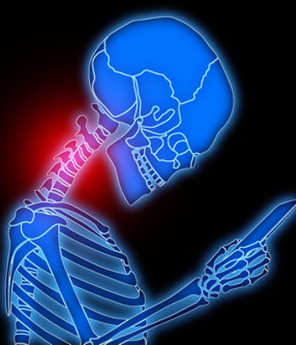 X-ray illustration of a person looking down at a device, showing neck strain and red pain points from poor posture.