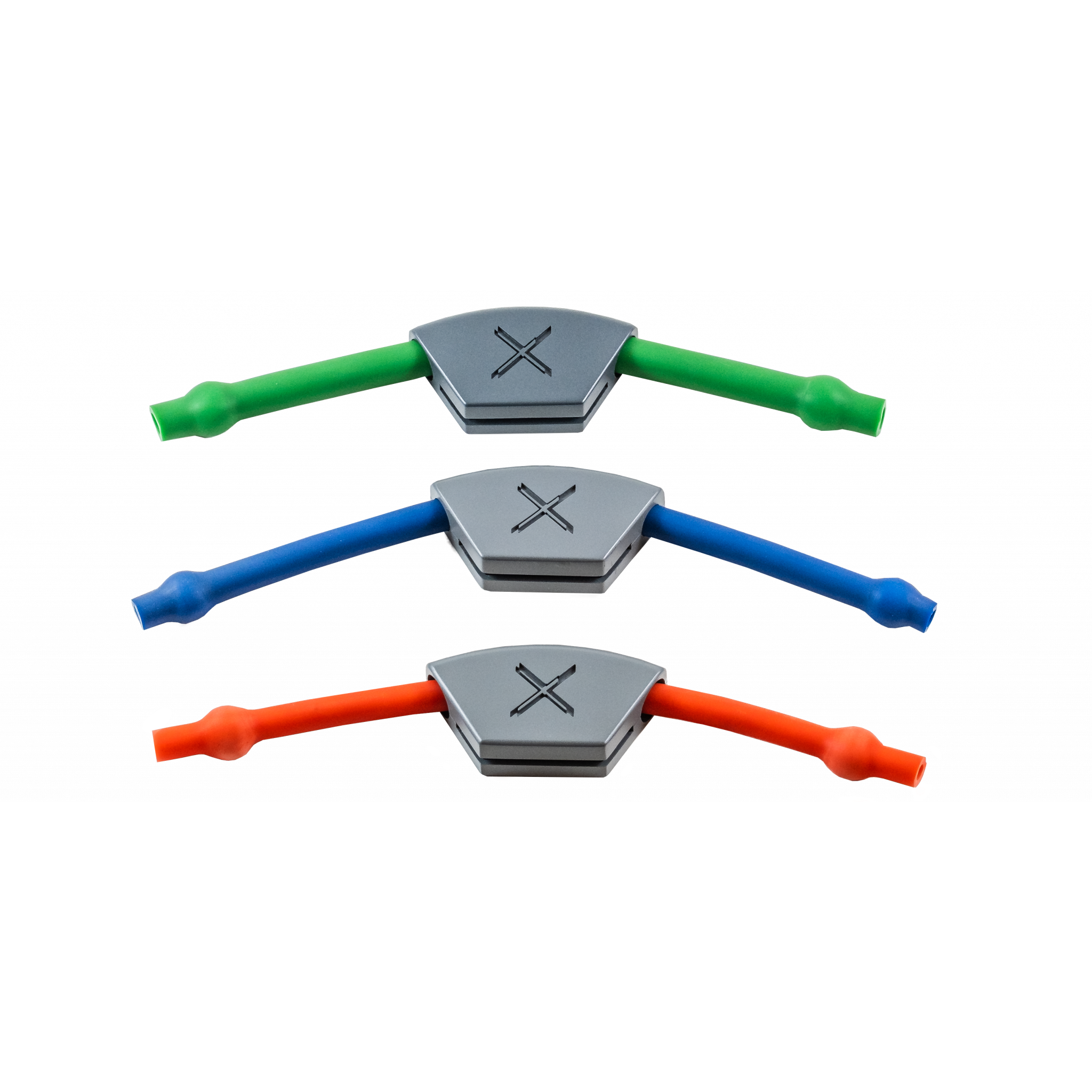 XtreemNek adjustable resistance bands in green, blue, and red, designed to customize neck strengthening exercises for different intensity levels.